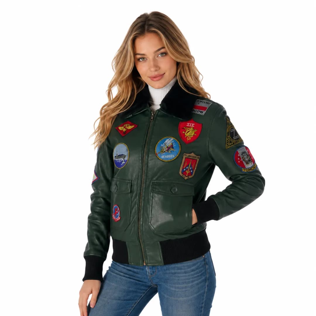 Womens Green G-1 Aviator Bomber Jacket-3