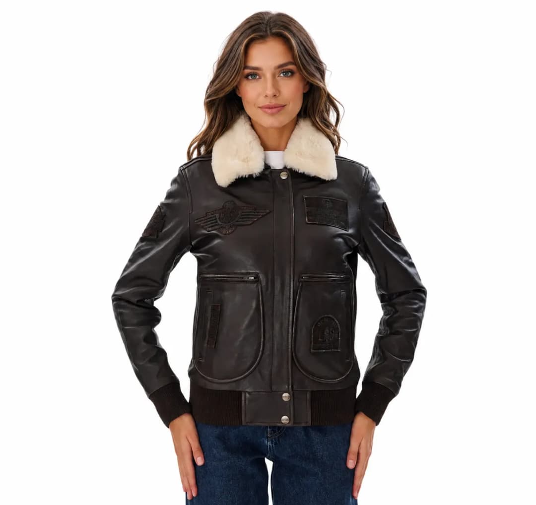 Womens Leather Brown Flight Jacket With Detachable Fur Collar-1