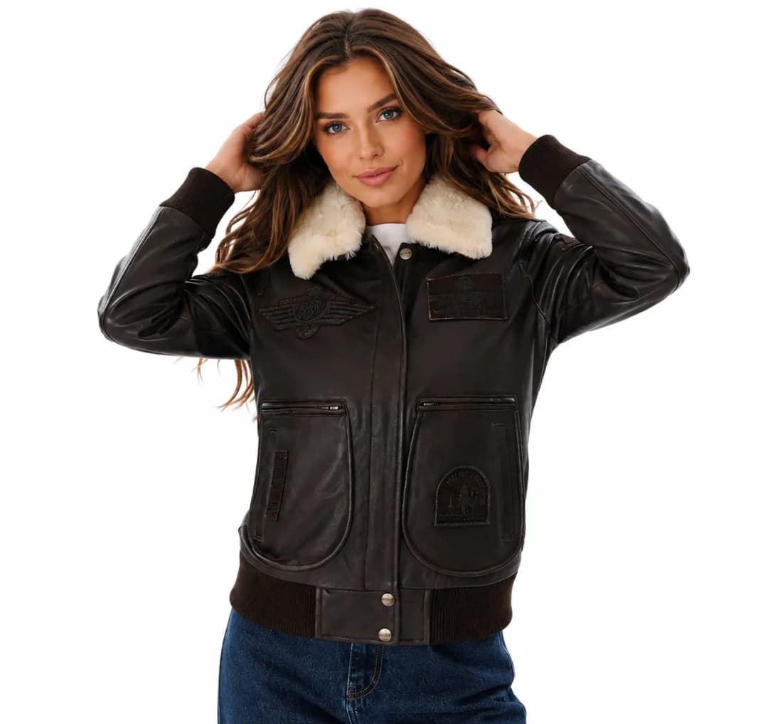 Womens Leather Brown Flight Jacket With Detachable Fur Collar-2
