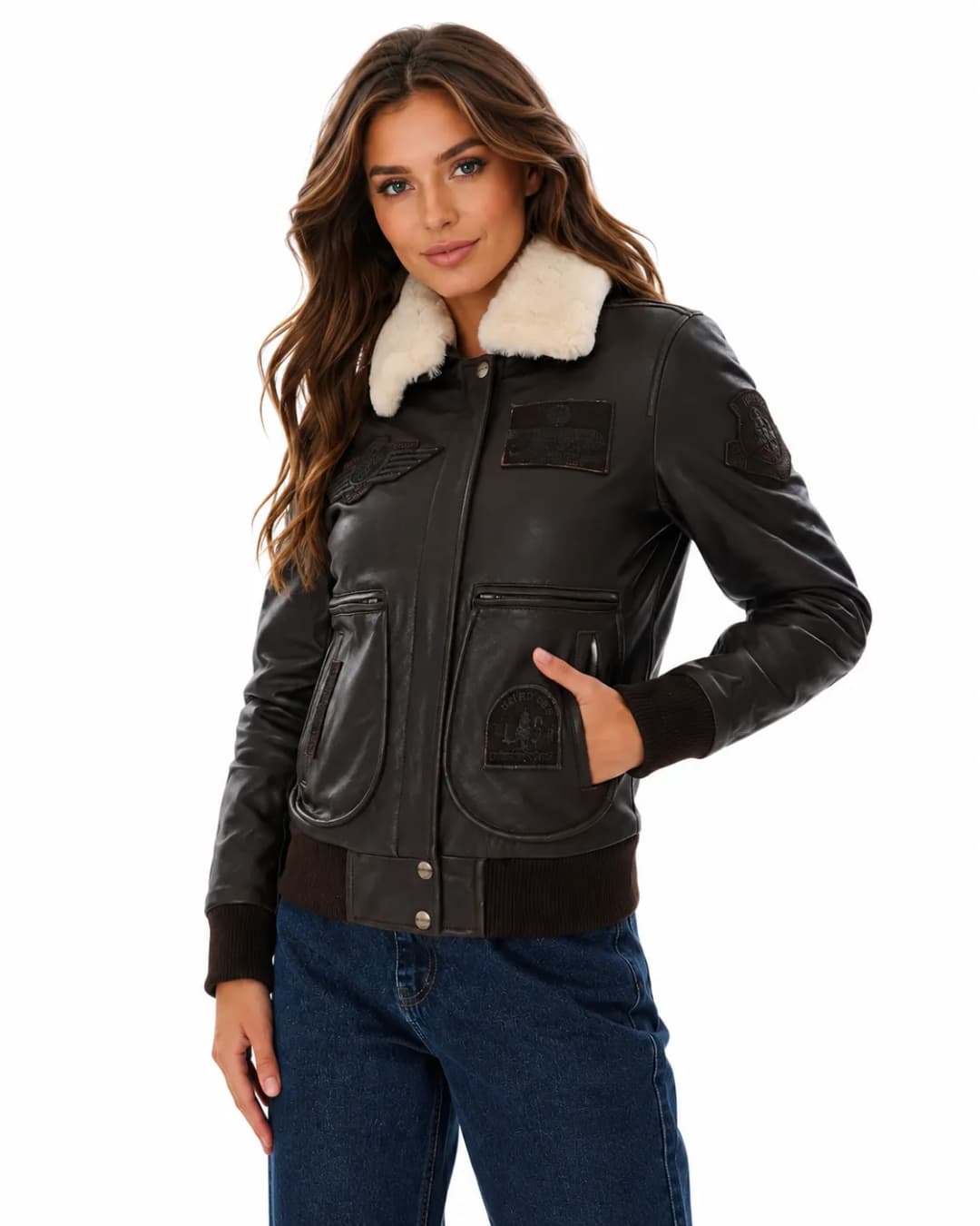 Womens Leather Brown Flight Jacket With Detachable Fur Collar-3
