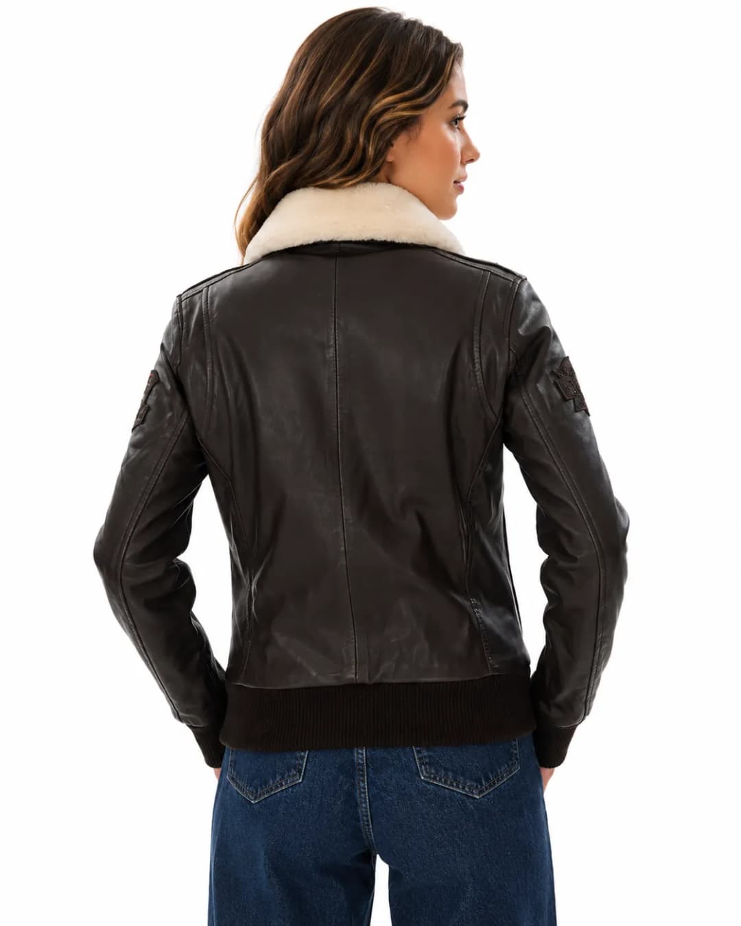 Womens Leather Brown Flight Jacket With Detachable Fur Collar-4