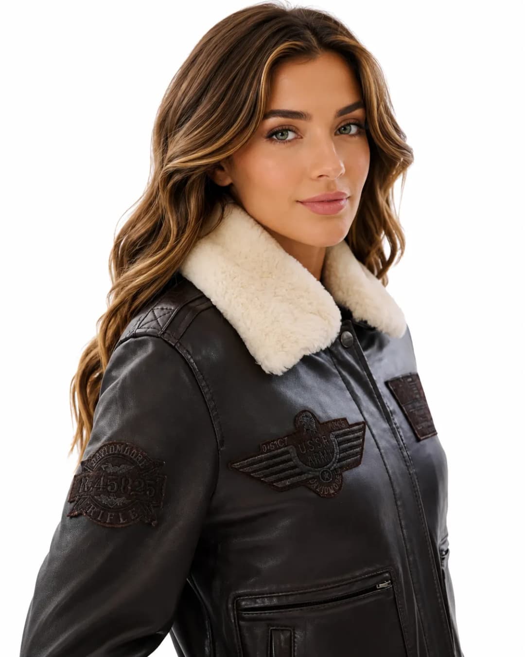Womens Leather Brown Flight Jacket With Detachable Fur Collar-5