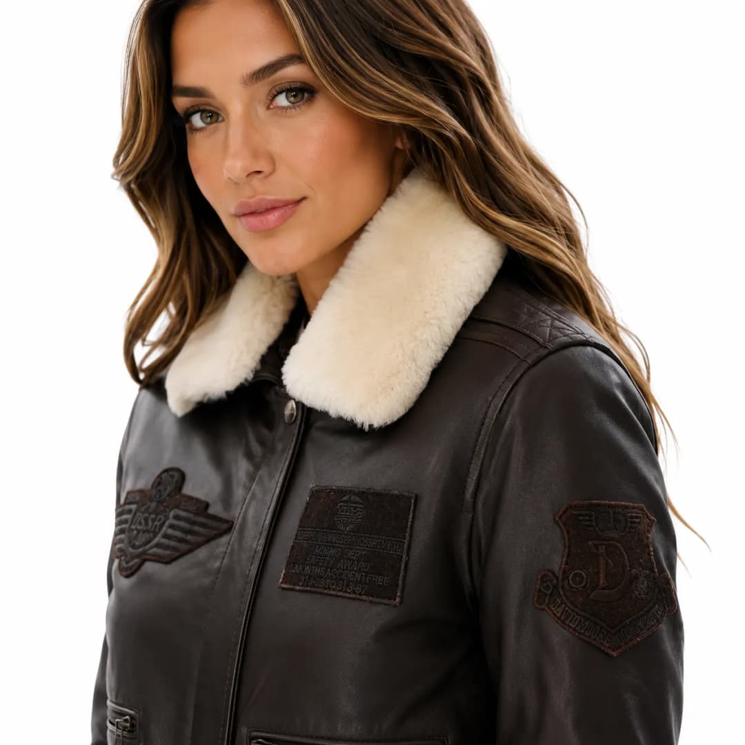 Womens Leather Brown Flight Jacket With Detachable Fur Collar-6