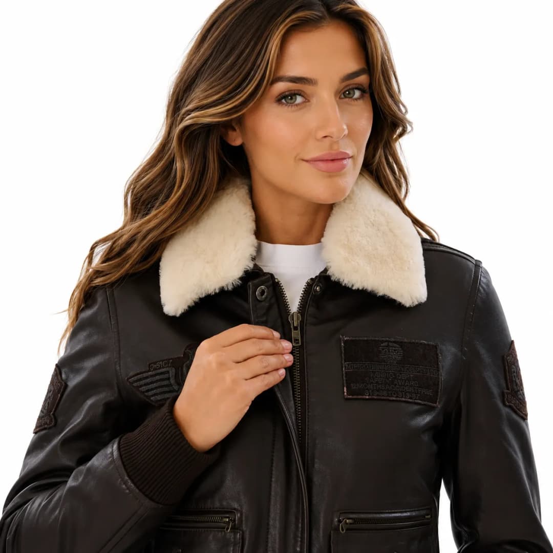 Womens Leather Brown Flight Jacket With Detachable Fur Collar-7