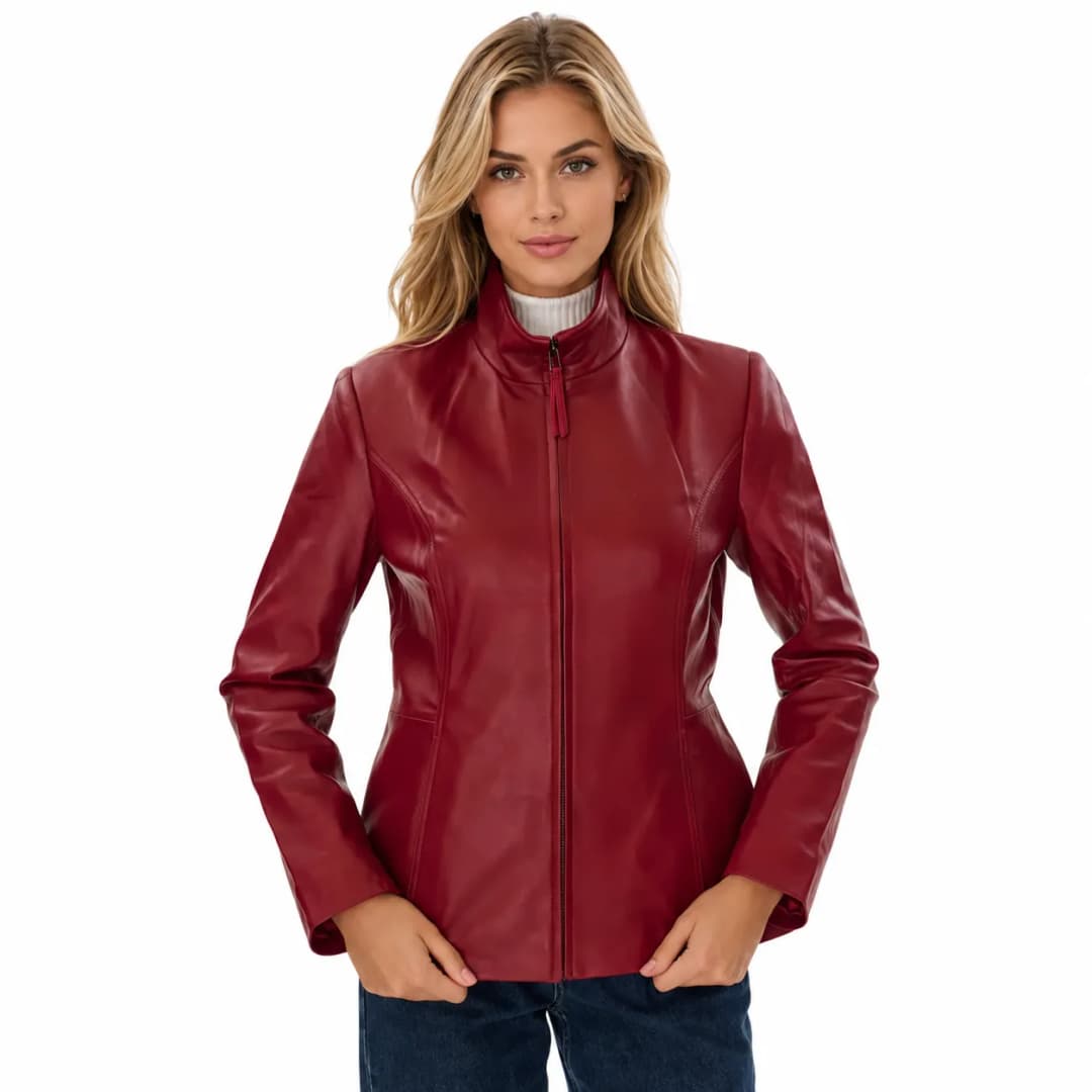 Women’s Slim Fit Burgundy Leather Jacket-1
