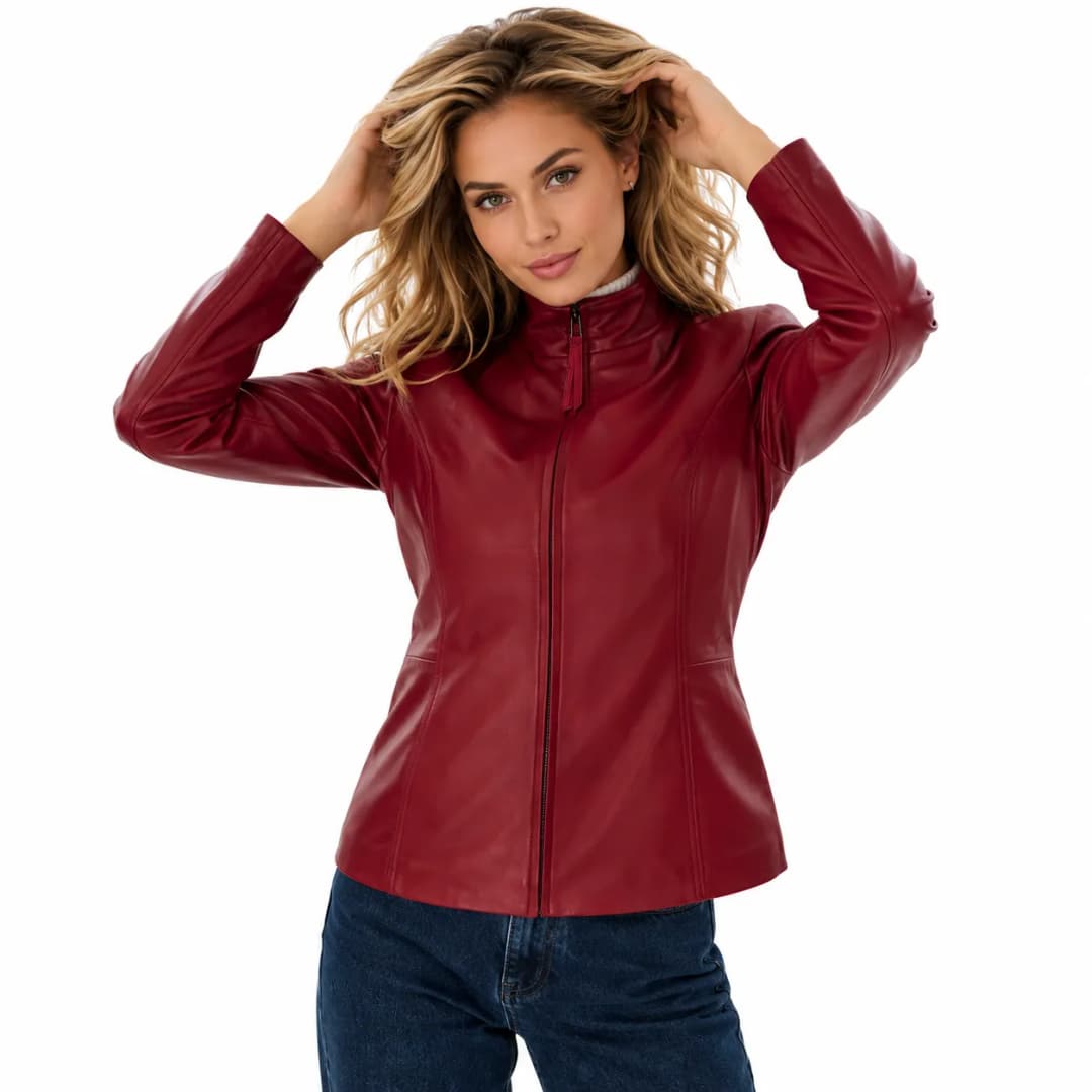Women’s Slim Fit Burgundy Leather Jacket-2