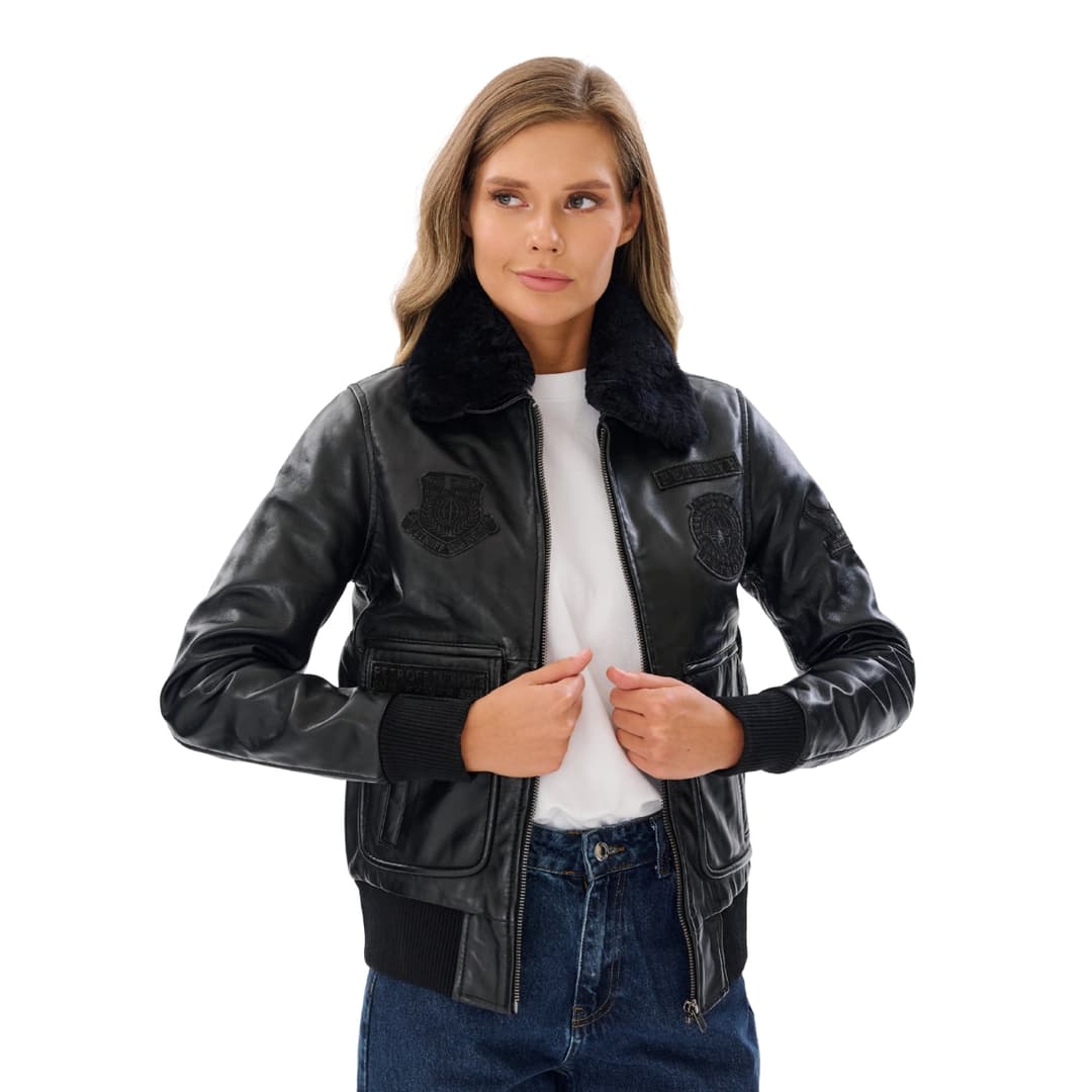 Womens Black Pilot Leather Jacket With Fur Collar