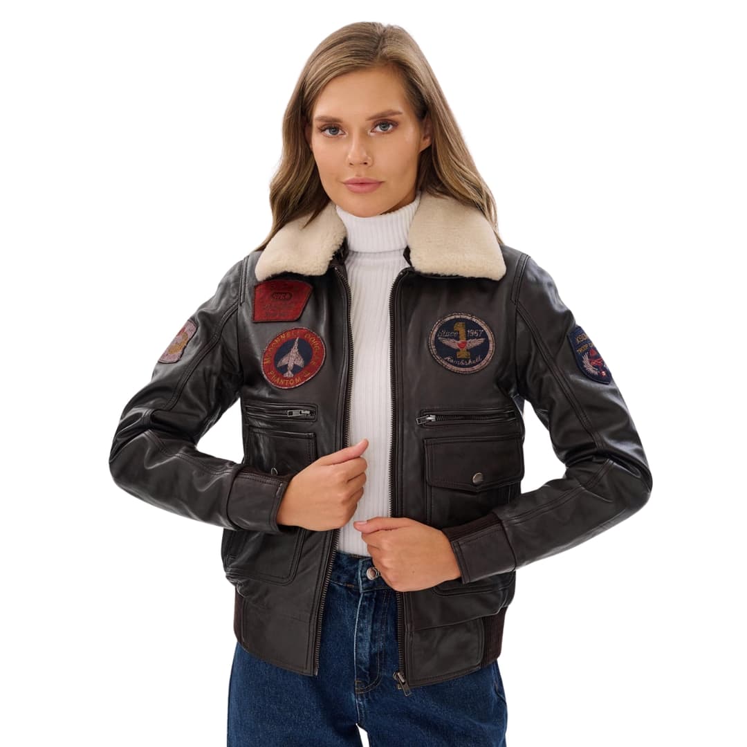 G1 Pilot Jacket Brown with Detachable Shearling Collar Womens