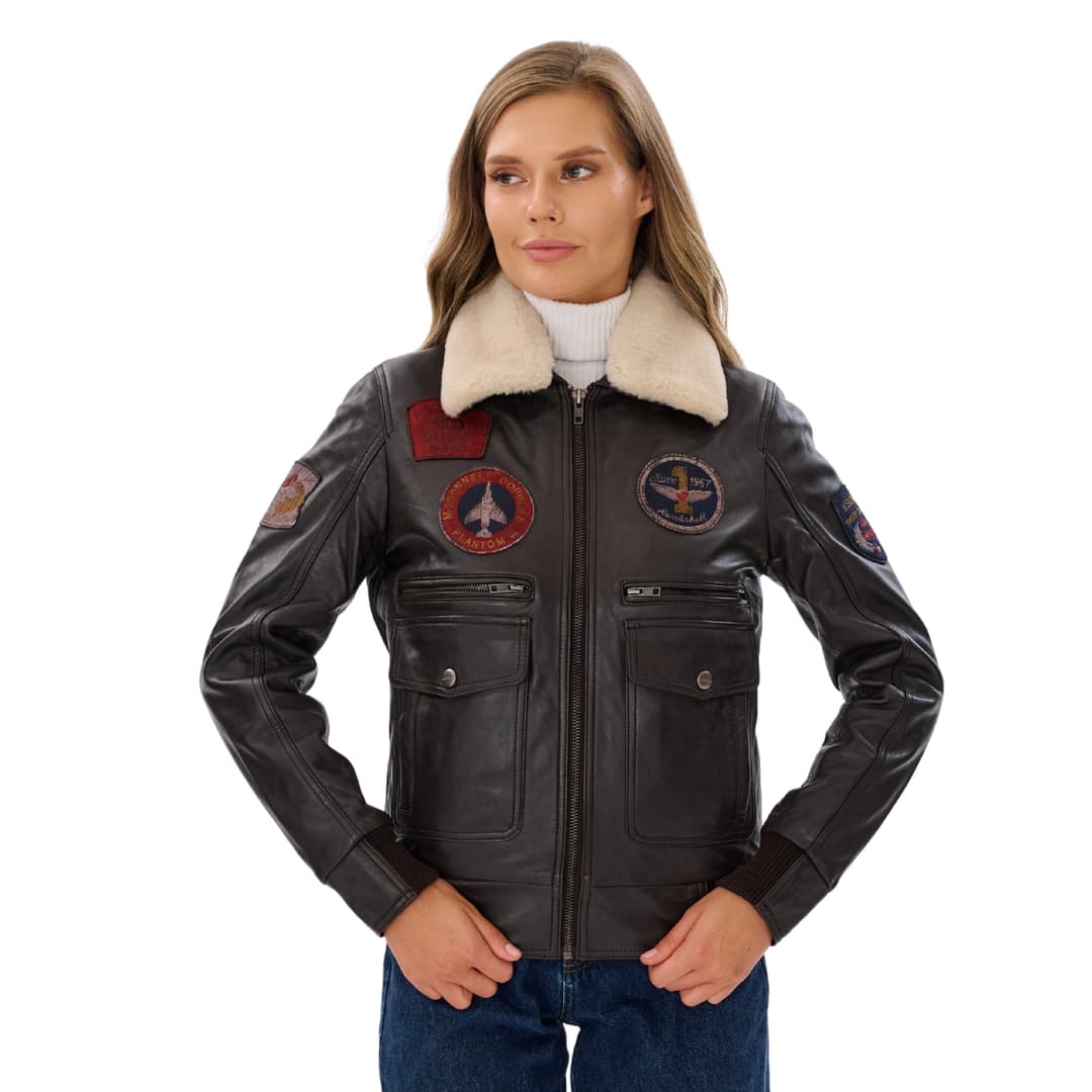 G1 Pilot Jacket Brown with Detachable Shearling Collar Womens