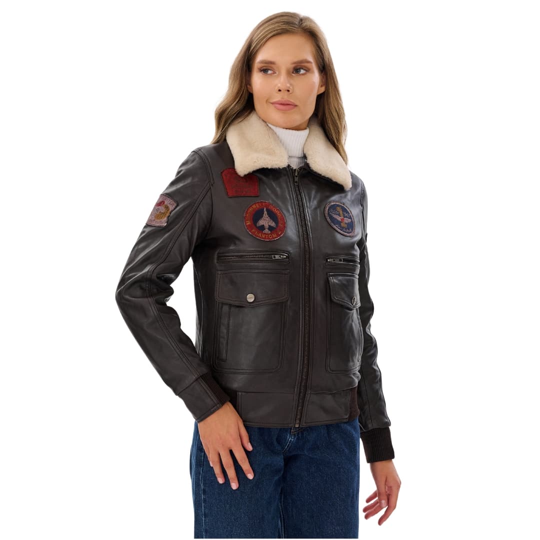 G1 Pilot Jacket Brown with Detachable Shearling Collar Womens