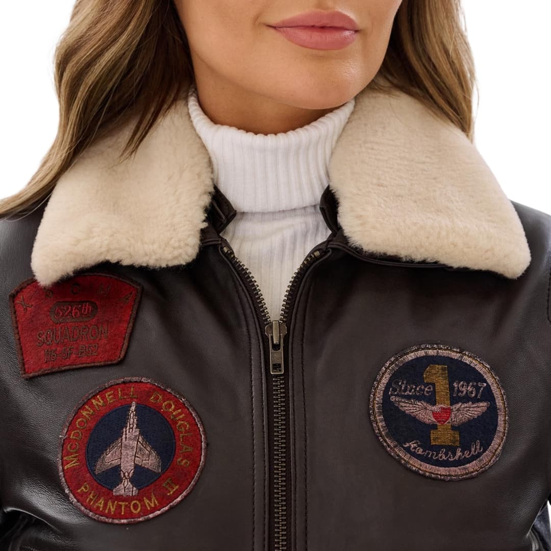 G1 Pilot Jacket Brown with Detachable Shearling Collar Womens