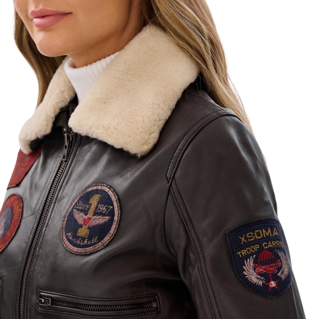 G1 Pilot Jacket Brown with Detachable Shearling Collar Womens