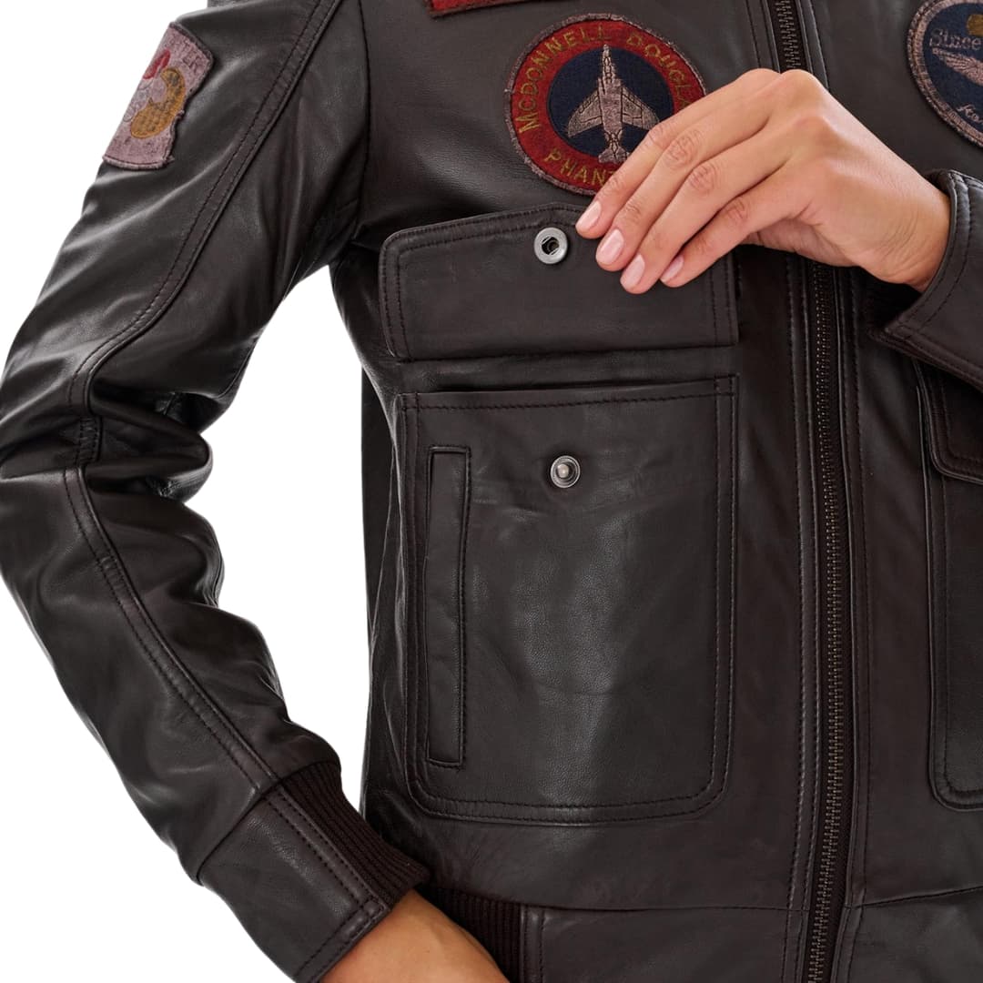 G1 Pilot Jacket Brown with Detachable Shearling Collar Womens