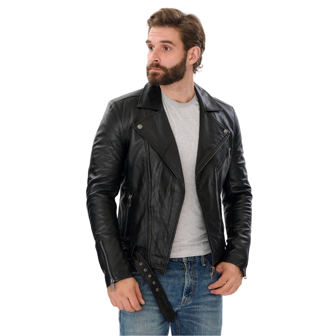 Men Black Genuine Leather Biker Jacket