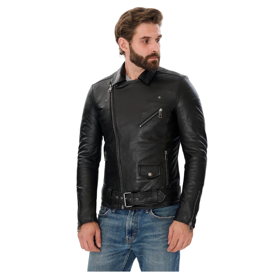 Men Black Genuine Leather Biker Jacket