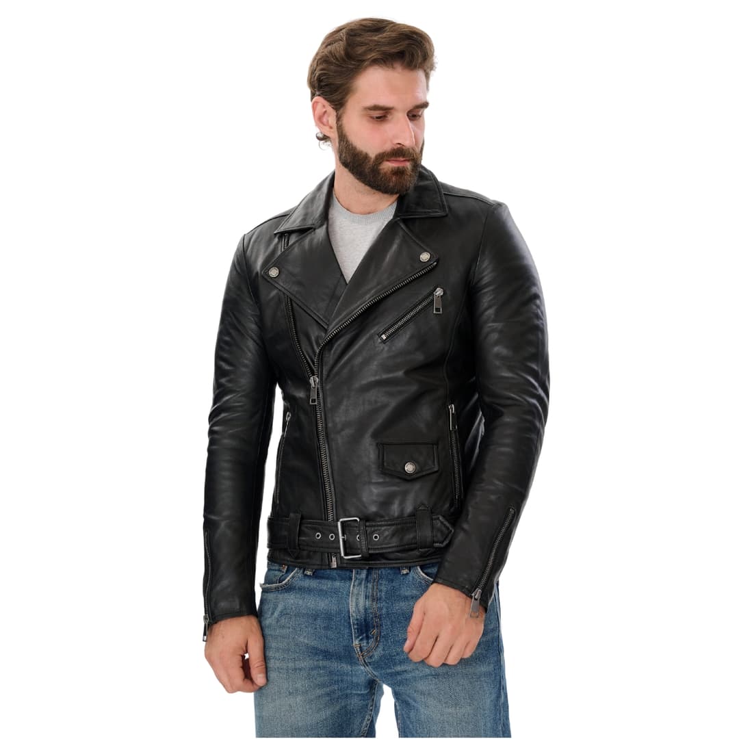 Men Black Genuine Leather Biker Jacket