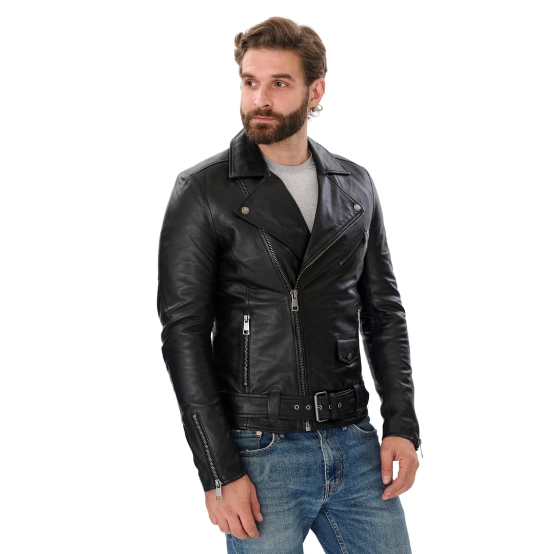 Men Black Genuine Leather Biker Jacket