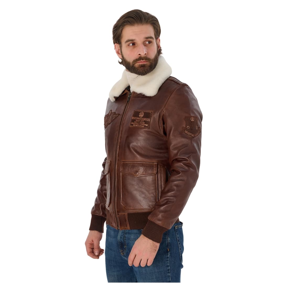 Mens Aviator Bomber Leather Jacket With Fur Collar
