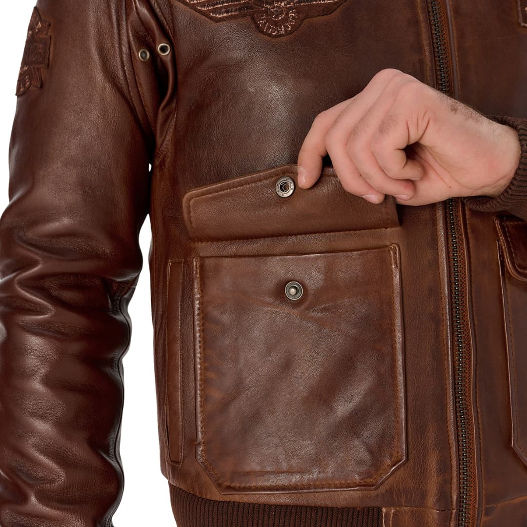 Mens Aviator Bomber Leather Jacket With Fur Collar