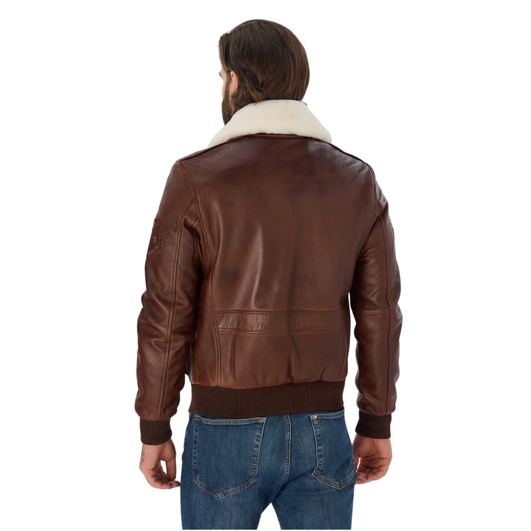 Mens Aviator Bomber Leather Jacket With Fur Collar