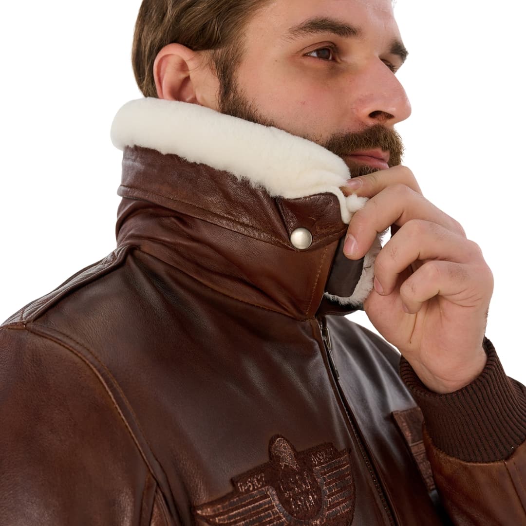 Mens Aviator Bomber Leather Jacket With Fur Collar