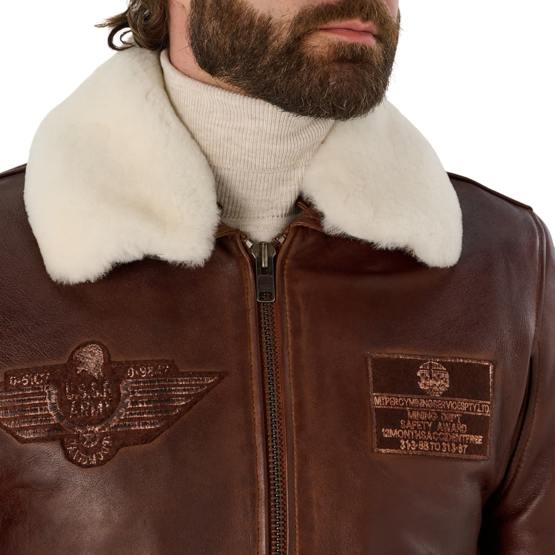 Mens Aviator Bomber Leather Jacket With Fur Collar