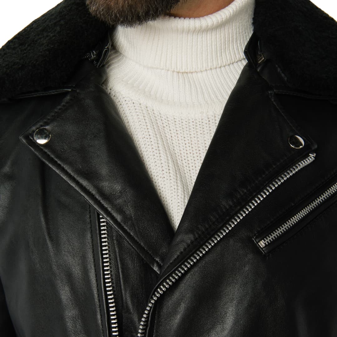 mens black leather flight jacket with detachable fur neck