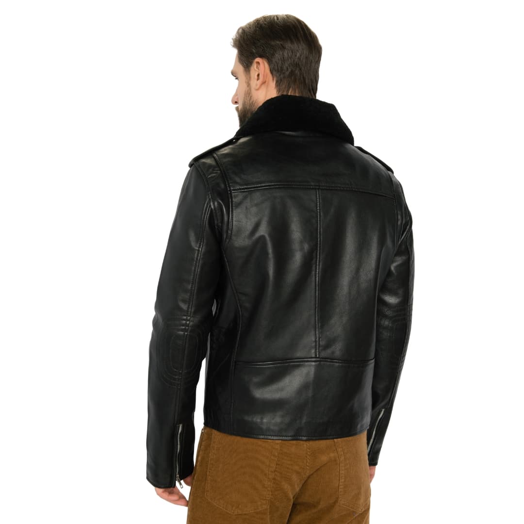 mens black leather flight jacket with detachable fur neck