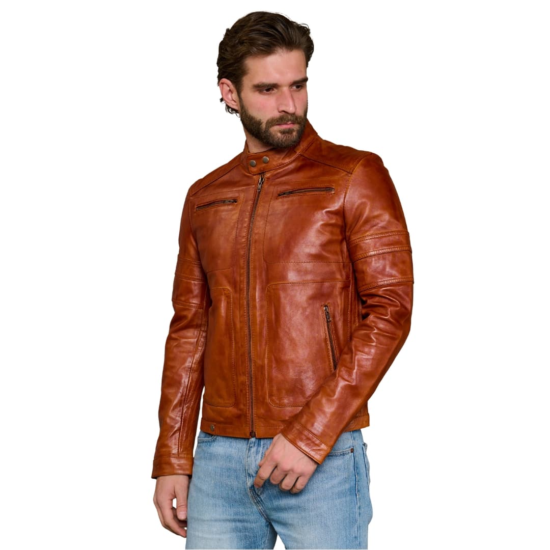 Mens Brown Cafe Racer Motorcycle Jacket