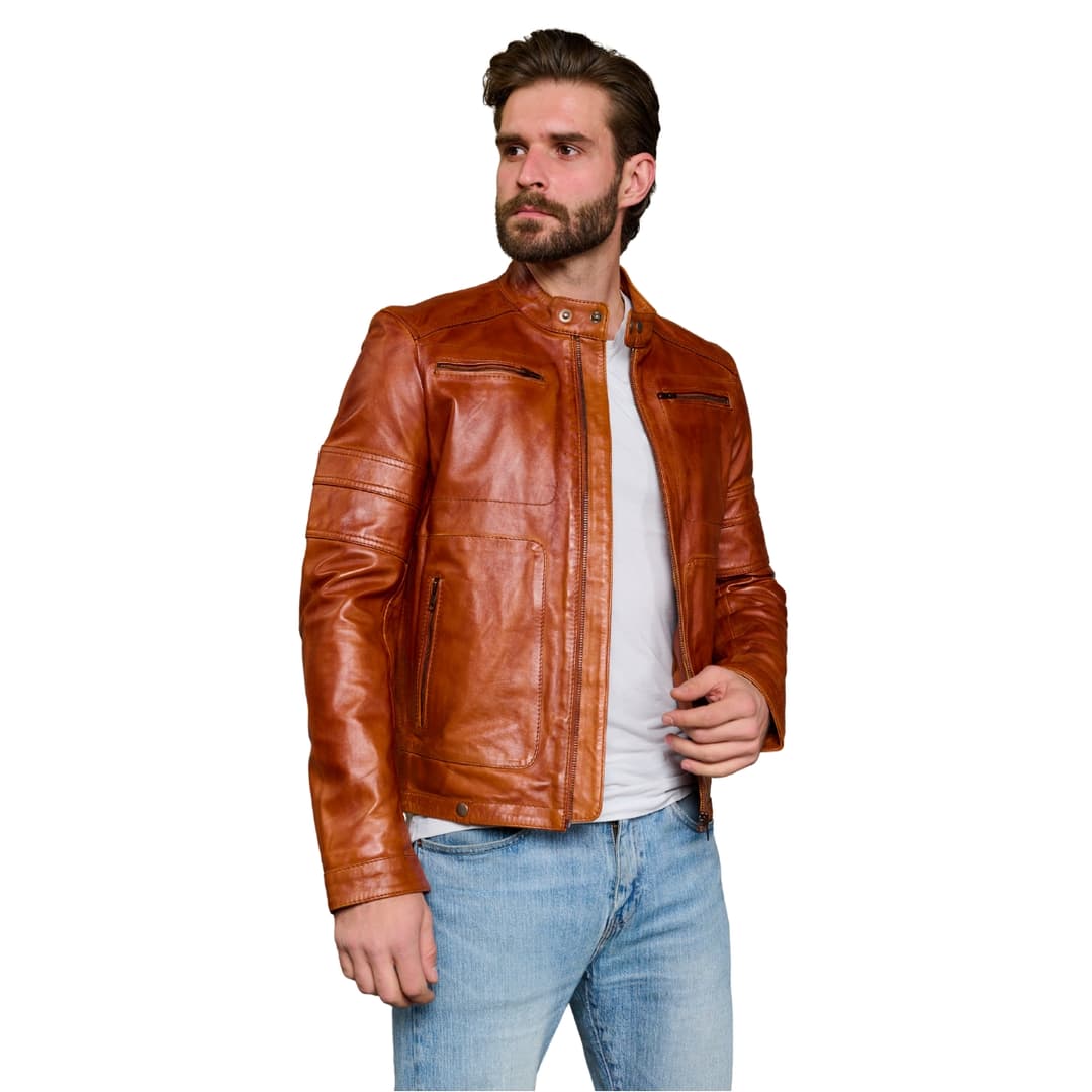 Mens Brown Cafe Racer Motorcycle Jacket