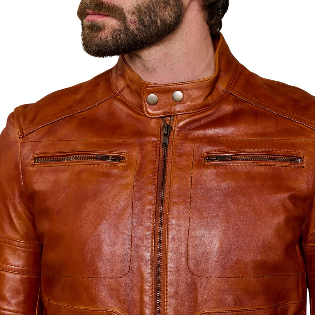 Mens Brown Cafe Racer Motorcycle Jacket