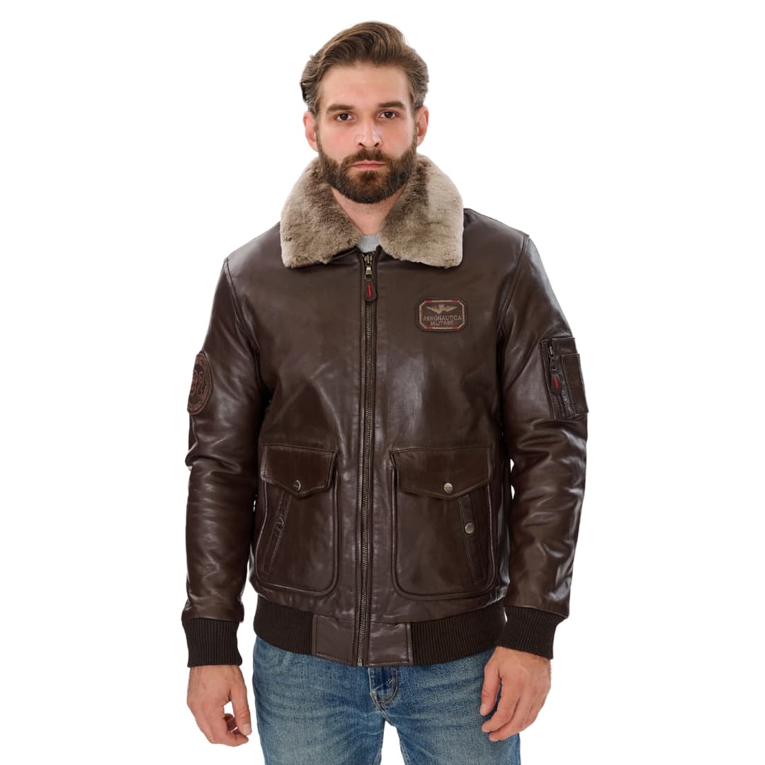 Mens Brown Leather Pilot Bomber Jacket with Fur Collar
