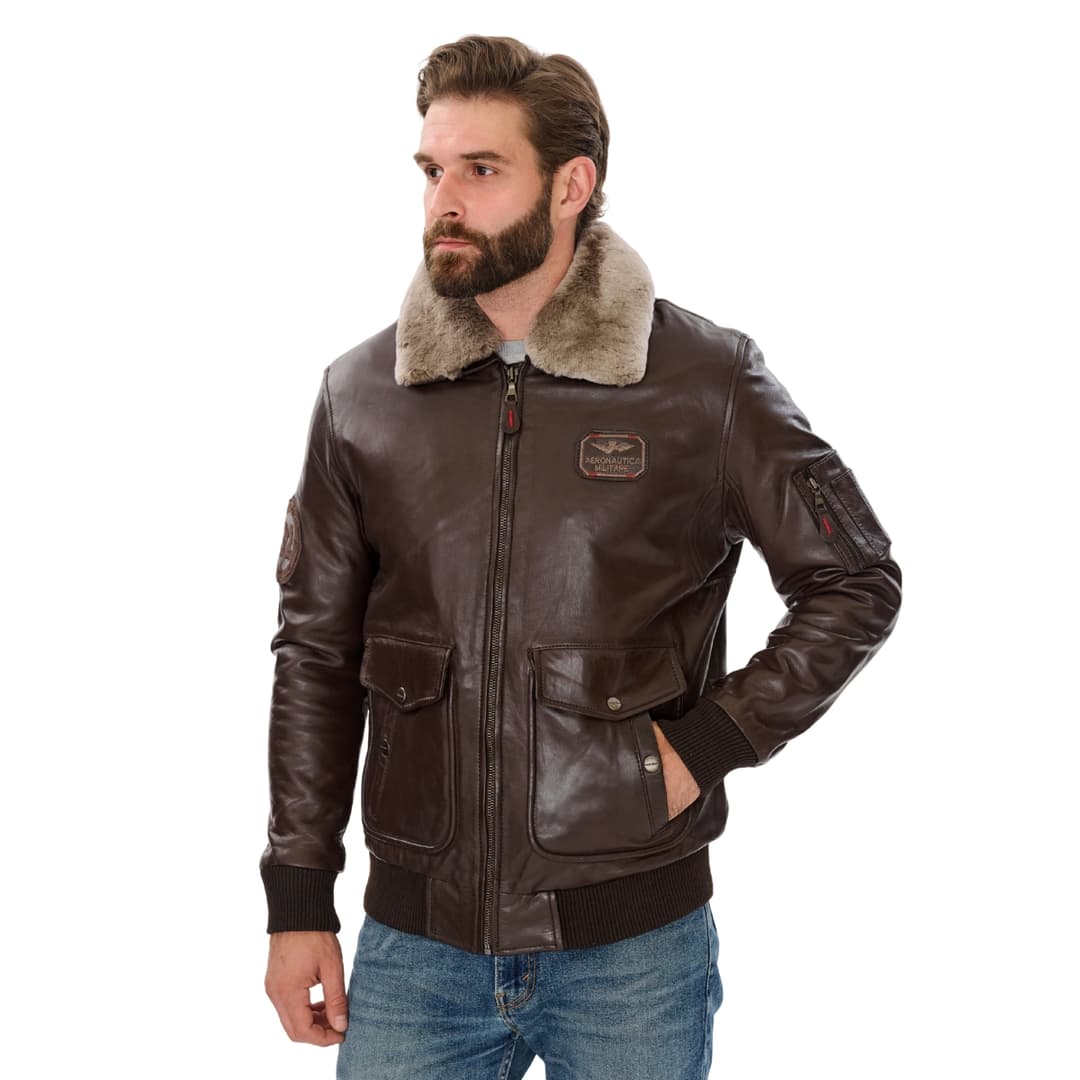 Mens Brown Leather Pilot Bomber Jacket with Fur Collar