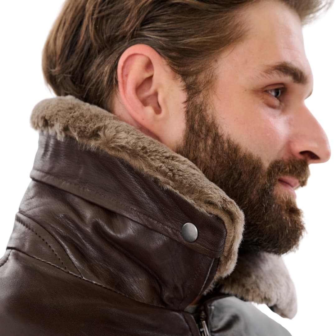 Mens Brown Leather Pilot Bomber Jacket with Fur Collar