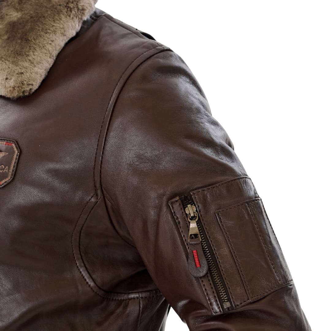 Mens Brown Leather Pilot Bomber Jacket with Fur Collar