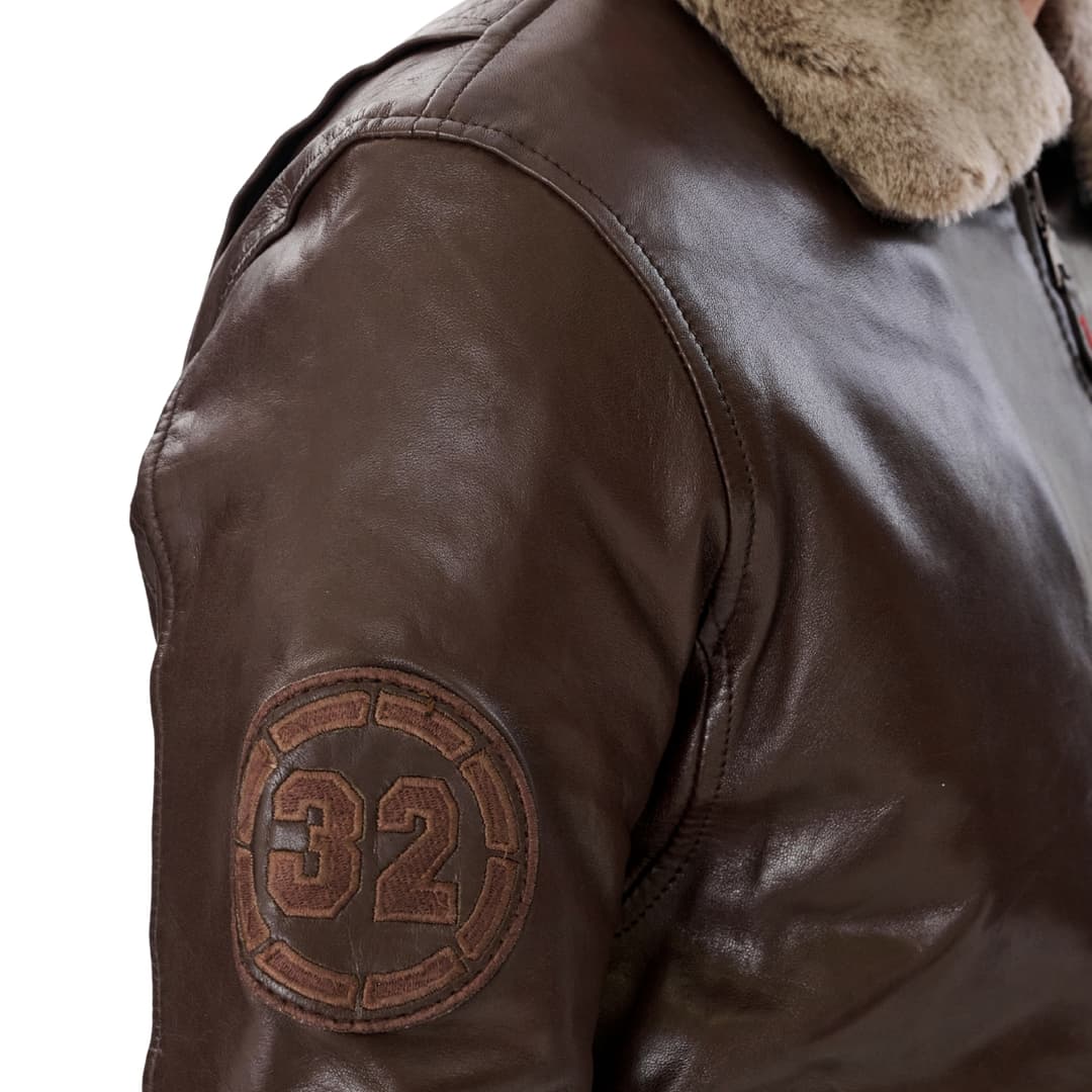 Mens Brown Leather Pilot Bomber Jacket with Fur Collar