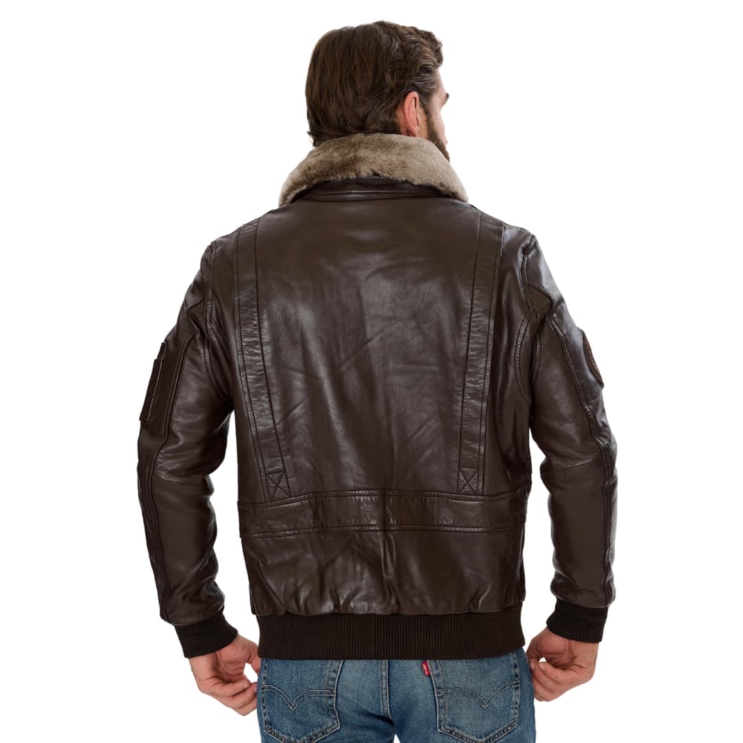 Mens Brown Leather Pilot Bomber Jacket with Fur Collar