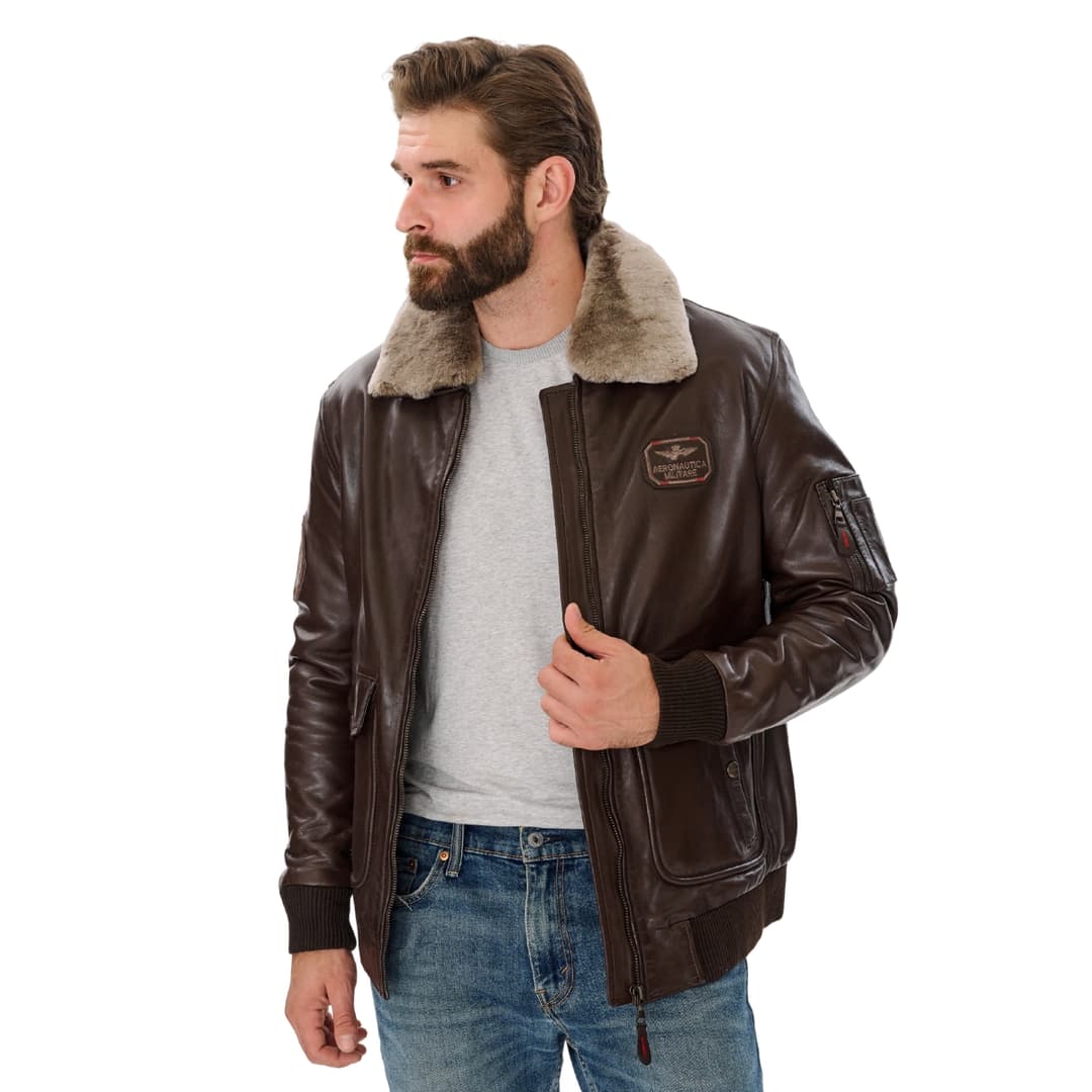 Mens Brown Leather Pilot Bomber Jacket with Fur Collar