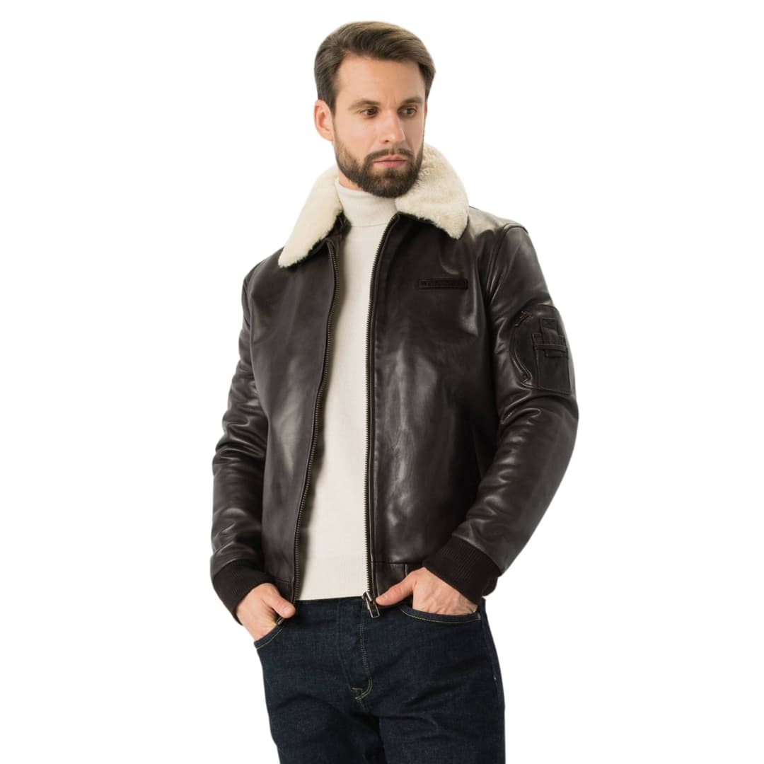 Mens Brown Leather Aviator Jacket With White Fur Collar