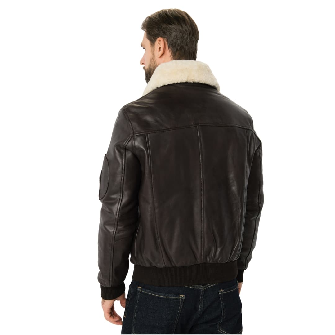 Mens Brown Leather Aviator Jacket With White Fur Collar