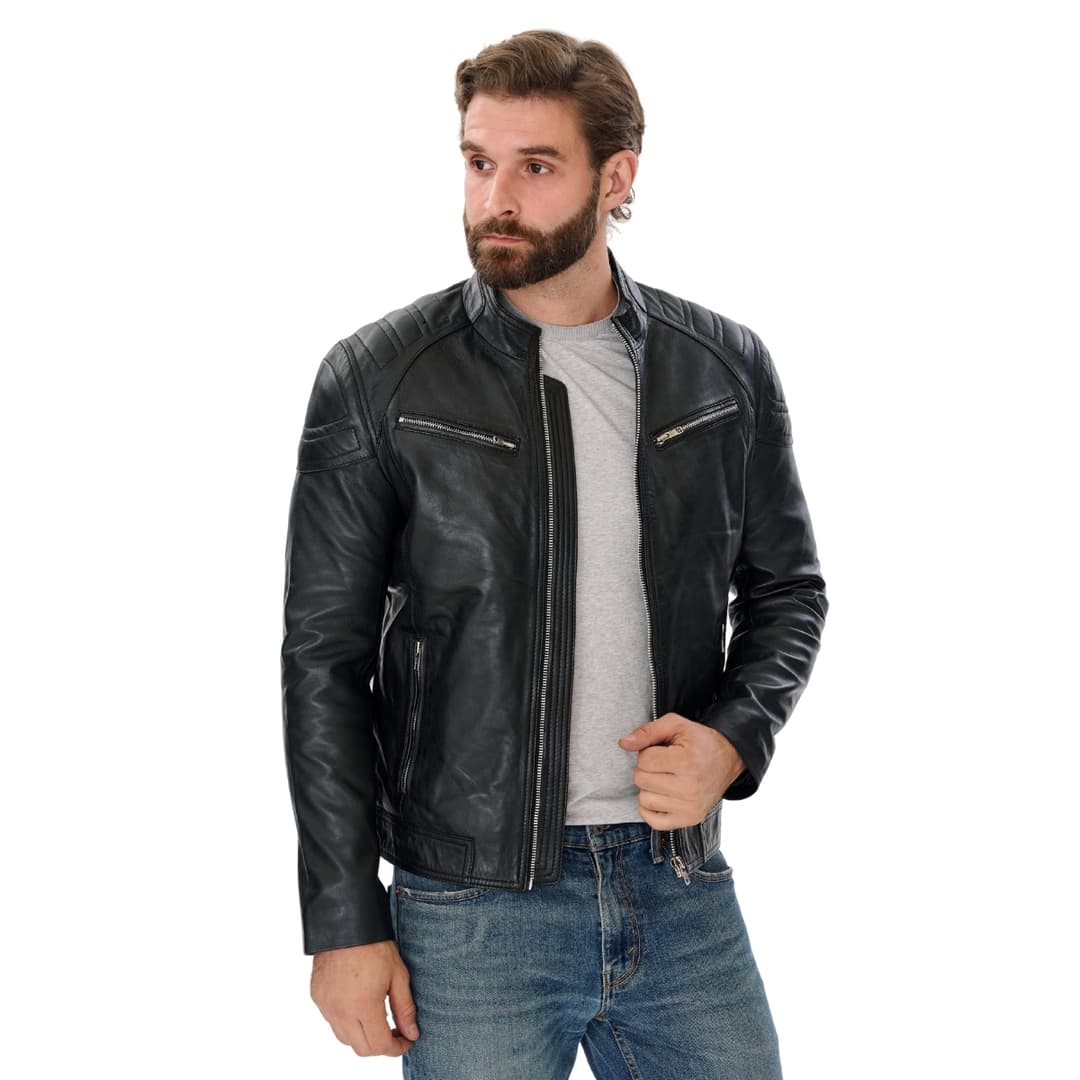 Mens Cafe Racer Black Leather Motorcycle Jacket