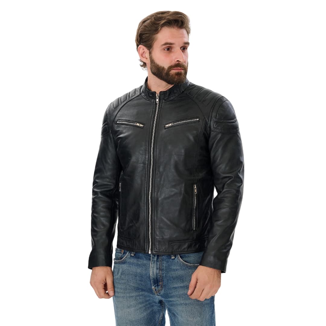 Mens Cafe Racer Black Leather Motorcycle Jacket