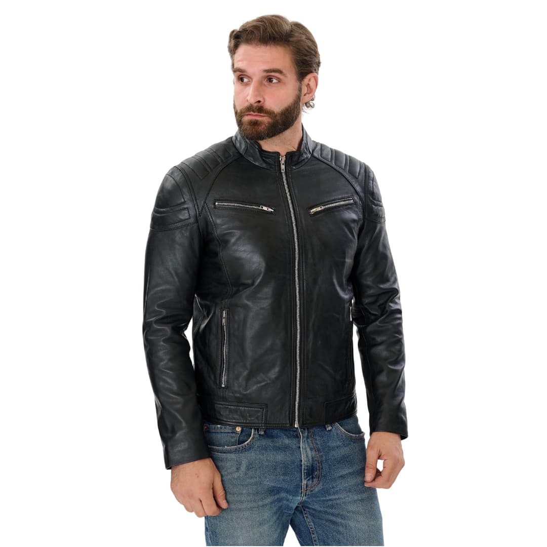 Mens Cafe Racer Black Leather Motorcycle Jacket