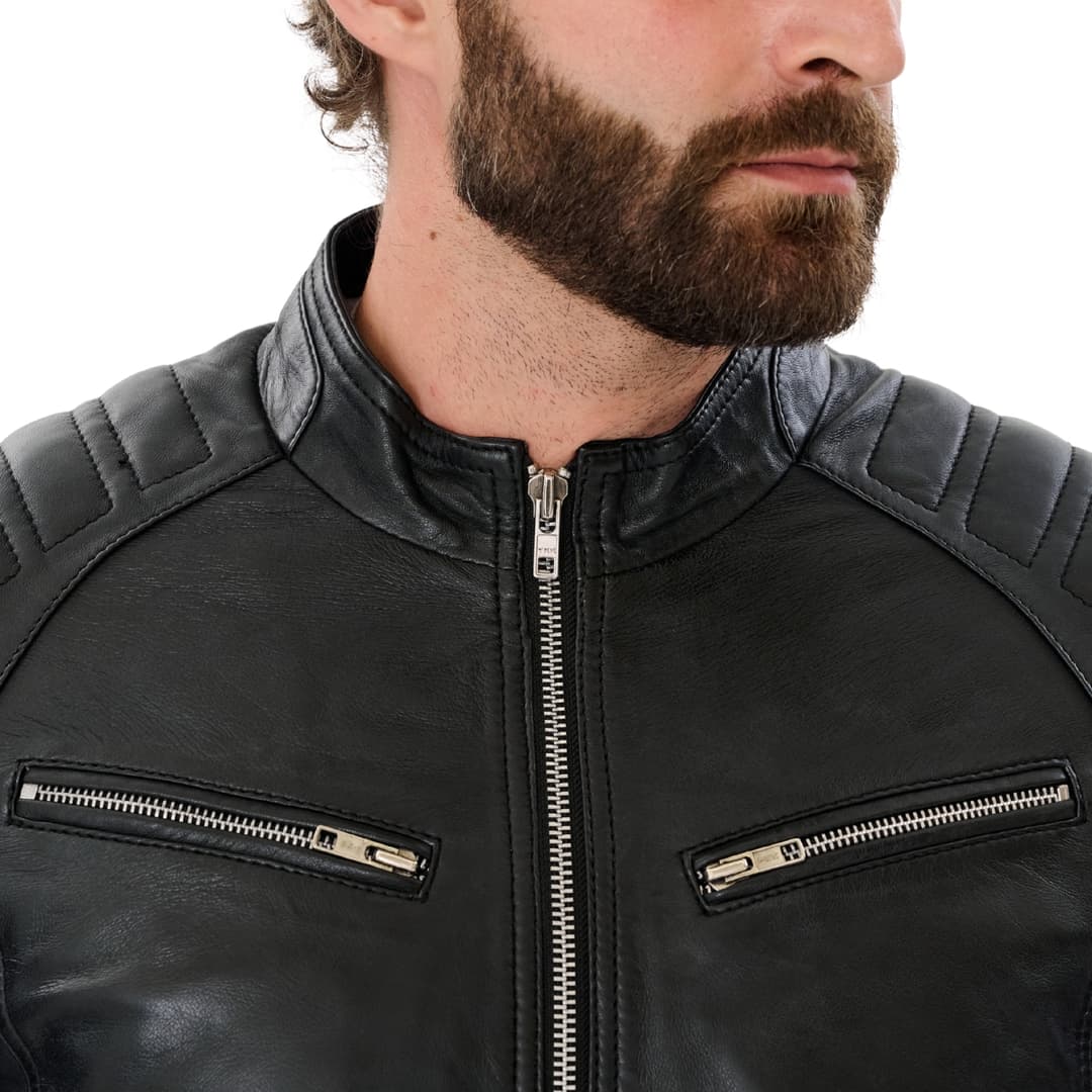 Mens Cafe Racer Black Leather Motorcycle Jacket
