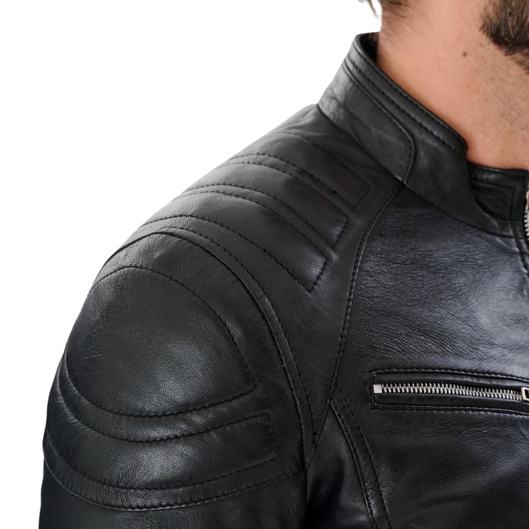 Mens Cafe Racer Black Leather Motorcycle Jacket