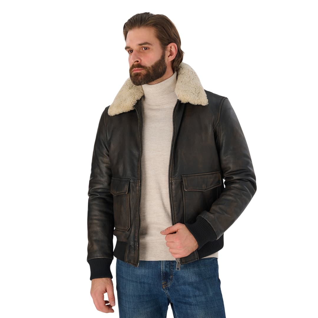 Vintage Black Aviator Pilot Jacket With Fur Collar