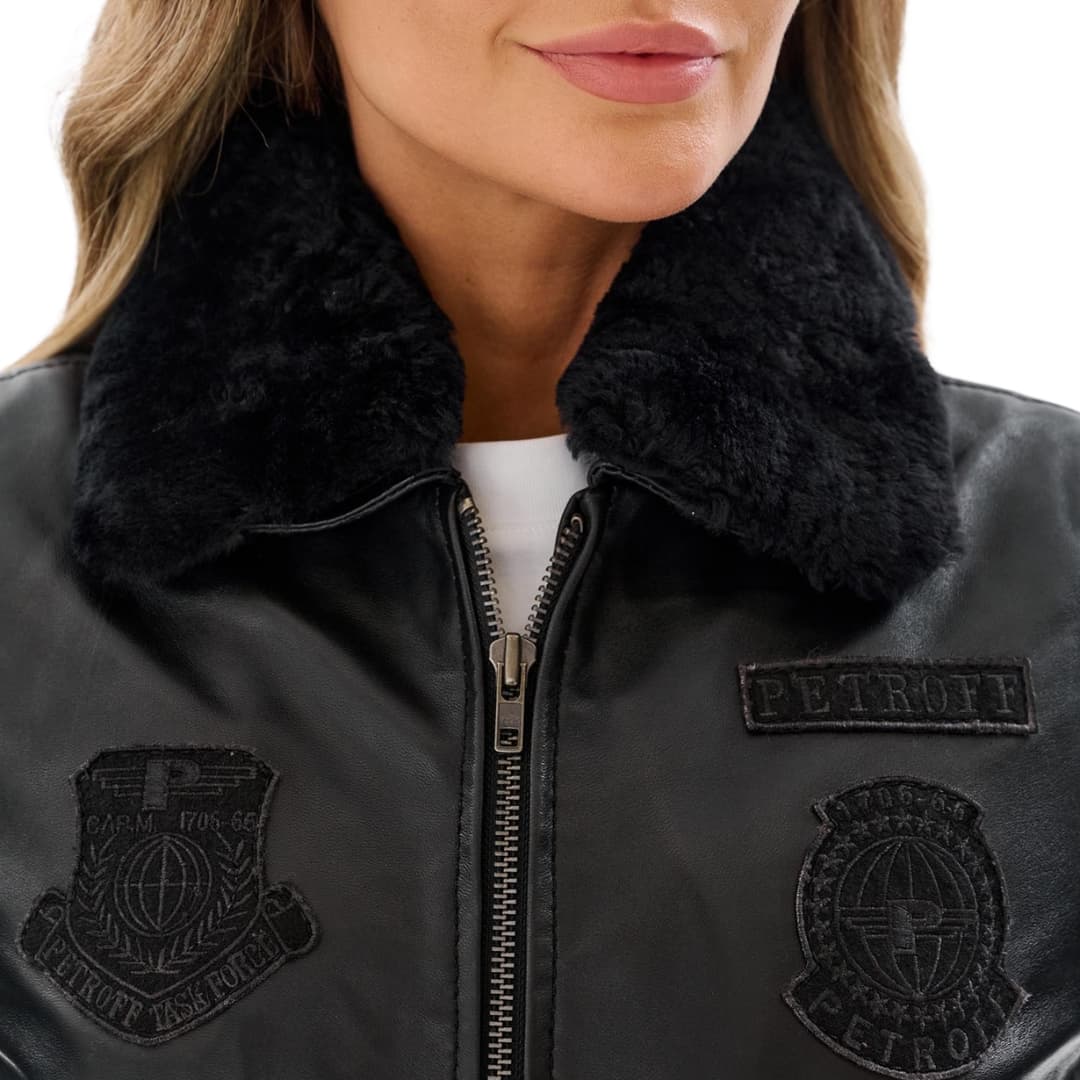 Womens Black Pilot Leather Jacket With Fur Collar