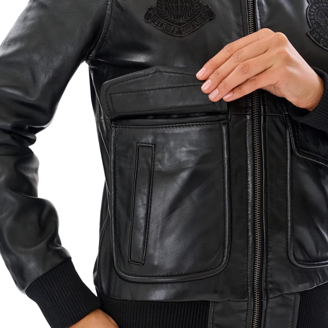 Womens Black Pilot Leather Jacket With Fur Collar