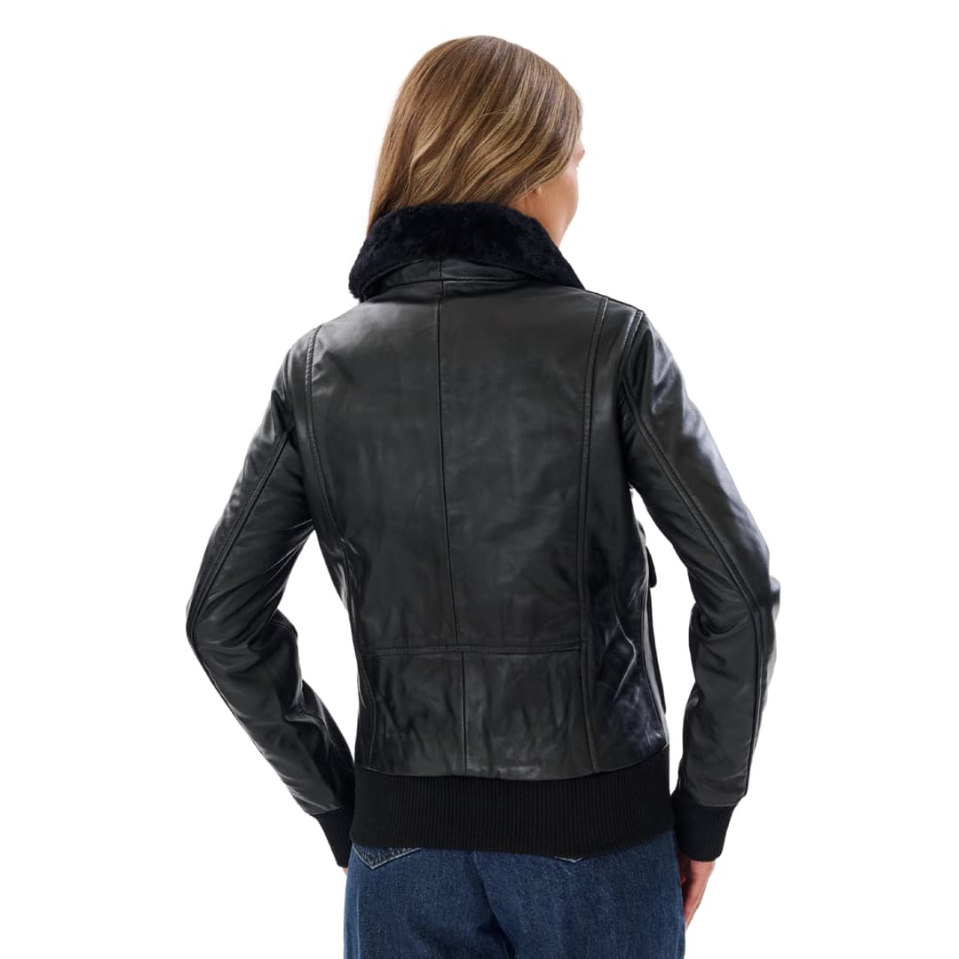 Womens Black Pilot Leather Jacket With Fur Collar