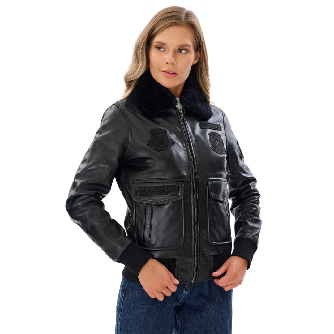 Womens Black Pilot Leather Jacket With Fur Collar